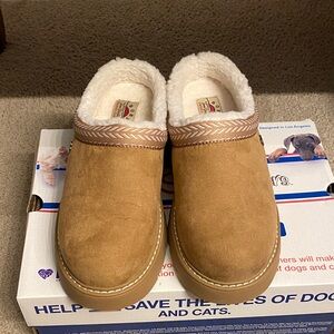 Skechers Tan Suede Slip-On with Faux Fur